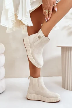 Wsuwane Botki Damskie Na Platformie Z Przypinką Eko Zamszowe Jasnobeżowe Ciatheia