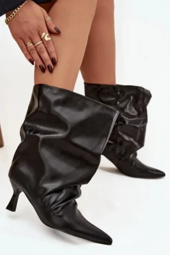 Wsuwane Botki Damskie Na Szpilce Z Marszczoną Cholewką Czarne Inarisse