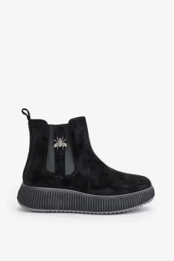 Wsuwane Botki Damskie Na Platformie Z Przypinką Eko Zamszowe Czarne Ciatheia