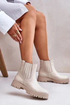 Wsuwane Botki Damskie Na Płaskim Obcasie Skórzane Lewski 3611 Jasnobeżowe