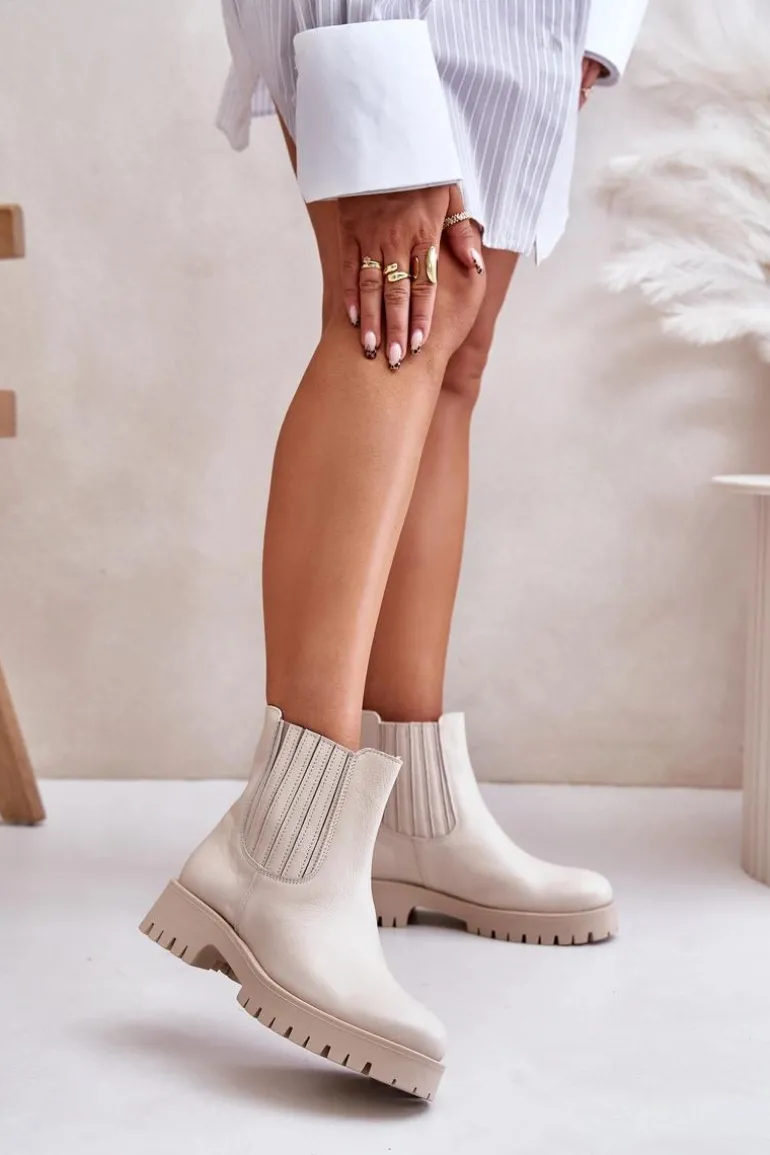 Wsuwane Botki Damskie Na Płaskim Obcasie Skórzane Lewski 3611 Jasnobeżowe