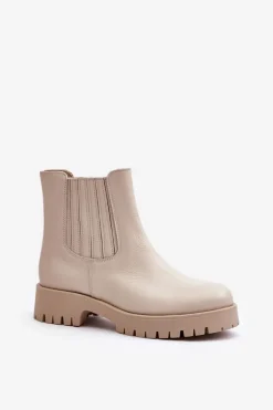 Wsuwane Botki Damskie Na Płaskim Obcasie Skórzane Lewski 3611 Jasnobeżowe