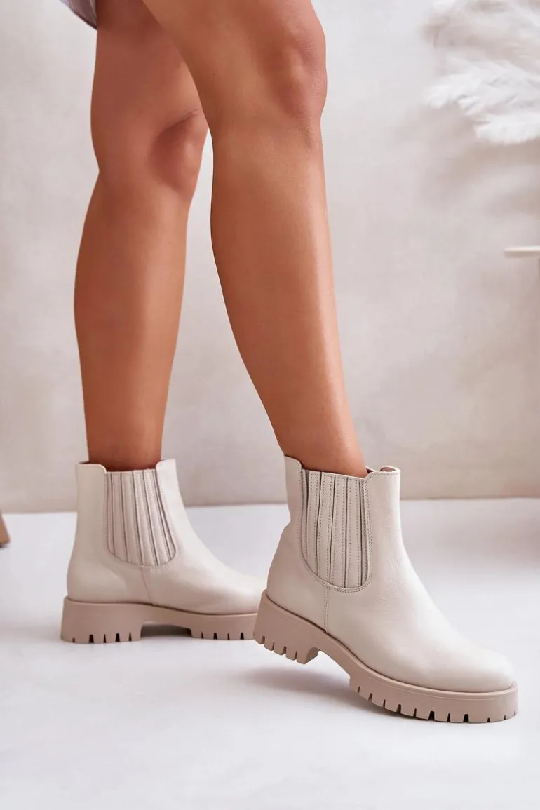 Wsuwane Botki Damskie Na Płaskim Obcasie Skórzane Lewski 3611 Jasnobeżowe