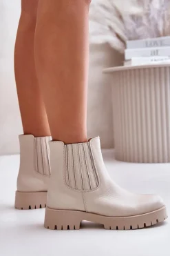 Wsuwane Botki Damskie Na Płaskim Obcasie Skórzane Lewski 3611 Jasnobeżowe