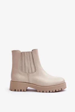 Wsuwane Botki Damskie Na Płaskim Obcasie Skórzane Lewski 3611 Jasnobeżowe