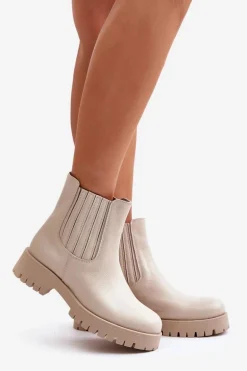 Wsuwane Botki Damskie Na Płaskim Obcasie Skórzane Lewski 3611 Jasnobeżowe