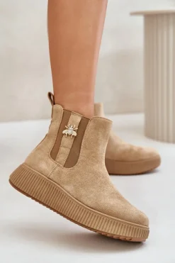 Wsuwane Botki Damskie Na Platformie Z Przypinką Eko Zamszowe Brązowe Ciatheia