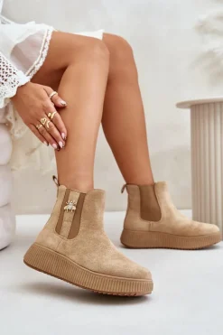 Wsuwane Botki Damskie Na Platformie Z Przypinką Eko Zamszowe Brązowe Ciatheia