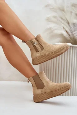 Wsuwane Botki Damskie Na Platformie Z Przypinką Eko Zamszowe Brązowe Ciatheia