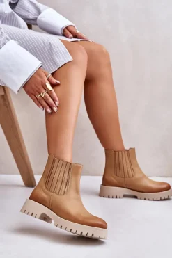 Wsuwane Botki Damskie Na Płaskim Obcasie Skórzane Lewski 3611 Brązowe