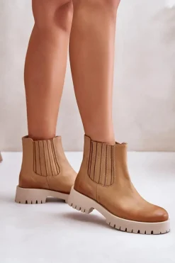 Wsuwane Botki Damskie Na Płaskim Obcasie Skórzane Lewski 3611 Brązowe