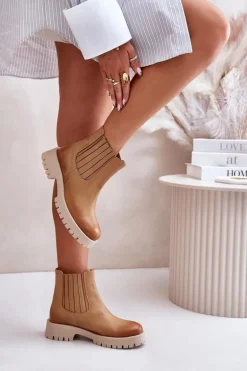 Wsuwane Botki Damskie Na Płaskim Obcasie Skórzane Lewski 3611 Brązowe