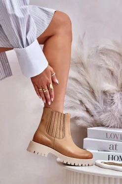 Wsuwane Botki Damskie Na Płaskim Obcasie Skórzane Lewski 3611 Brązowe