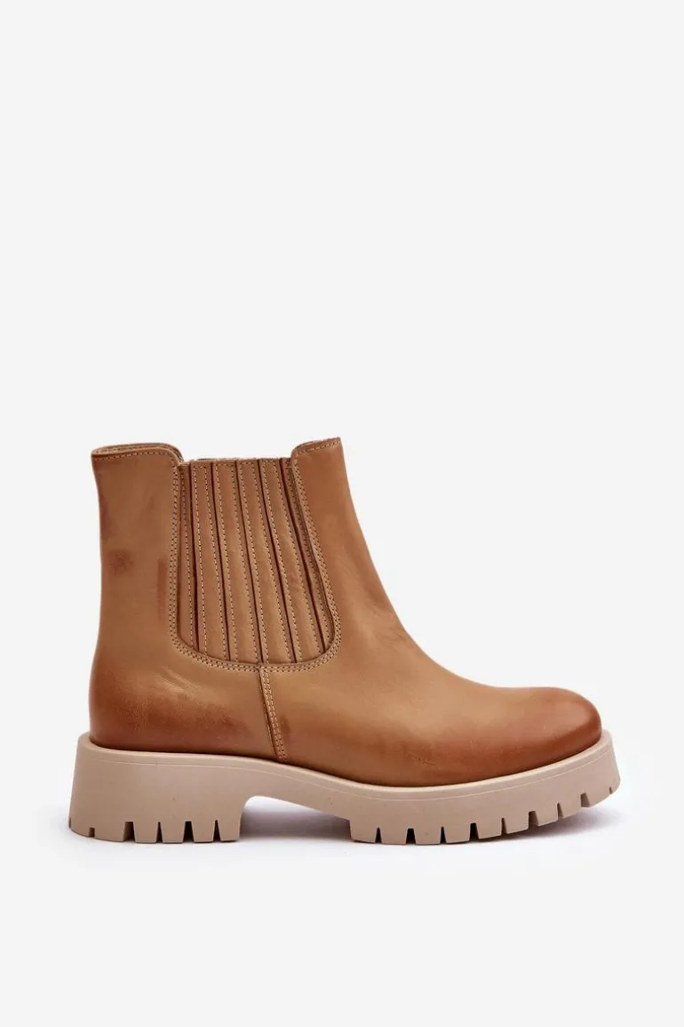 Wsuwane Botki Damskie Na Płaskim Obcasie Skórzane Lewski 3611 Brązowe