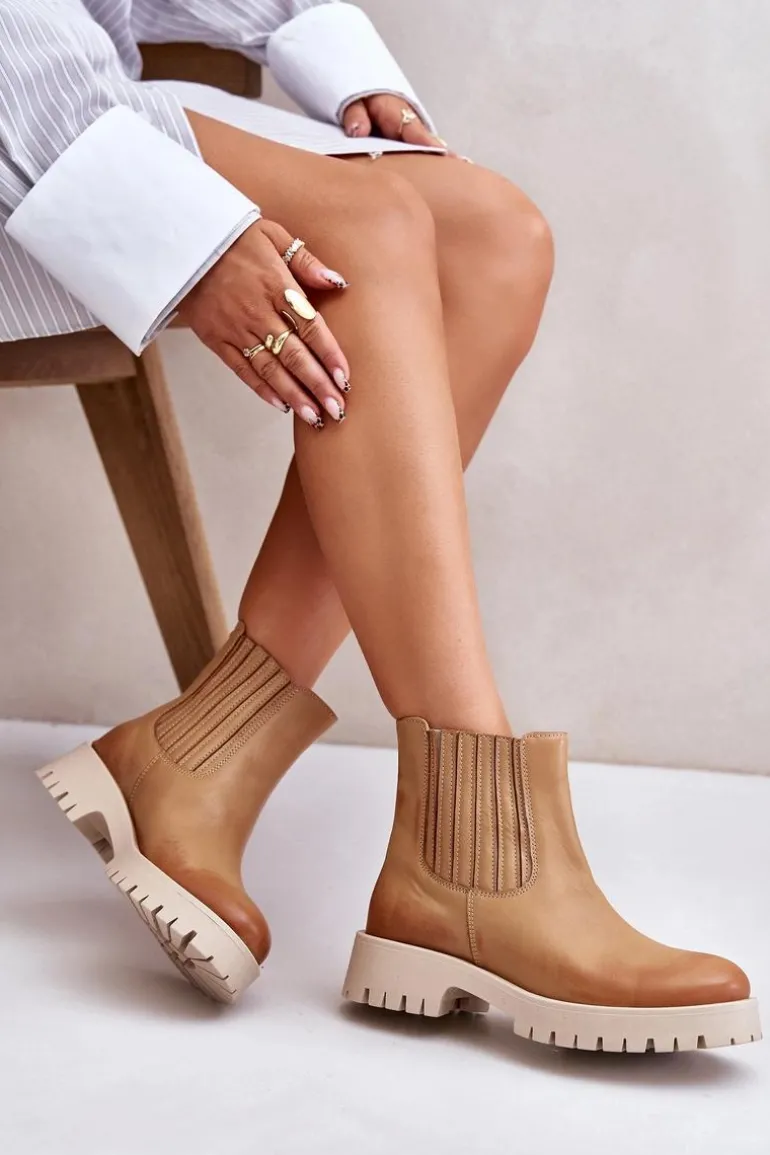 Wsuwane Botki Damskie Na Płaskim Obcasie Skórzane Lewski 3611 Brązowe