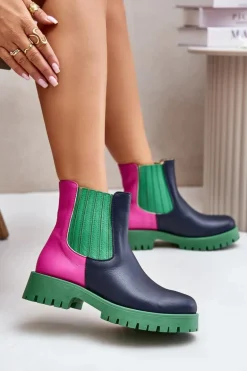 Wsuwane Botki Damskie Na Płaskim Obcasie Skórzane Lewski 3611 Multikolor