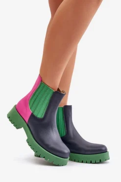 Wsuwane Botki Damskie Na Płaskim Obcasie Skórzane Lewski 3611 Multikolor