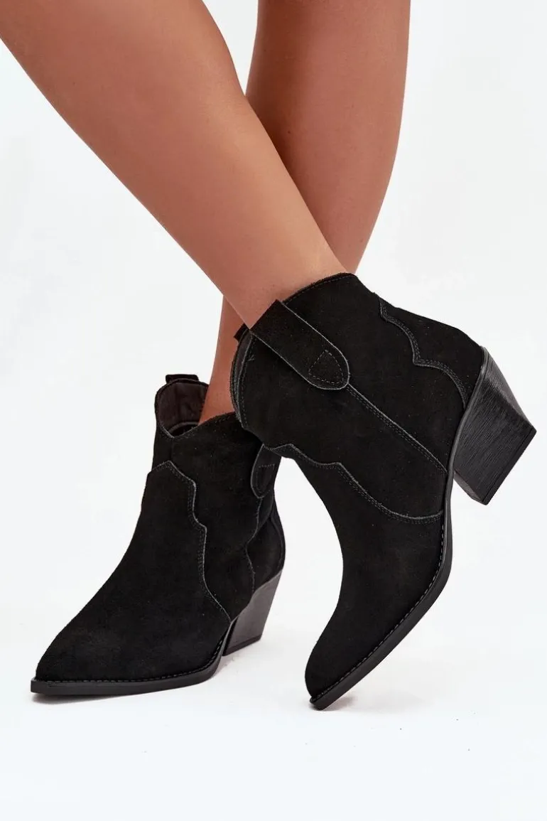 Wsuwane Botki Kowbojki Damskie Z Naturalnego Zamszu Czarne Beretta