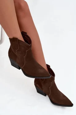 Wsuwane Botki Kowbojki Damskie Z Naturalnego Zamszu Czekoladowe Beretta