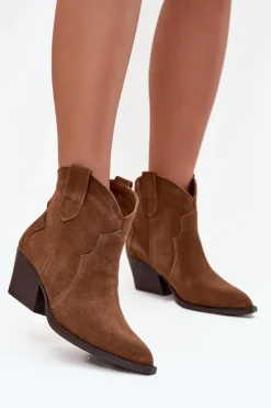 Wsuwane Botki Kowbojki Damskie Z Naturalnego Zamszu Camel Beretta
