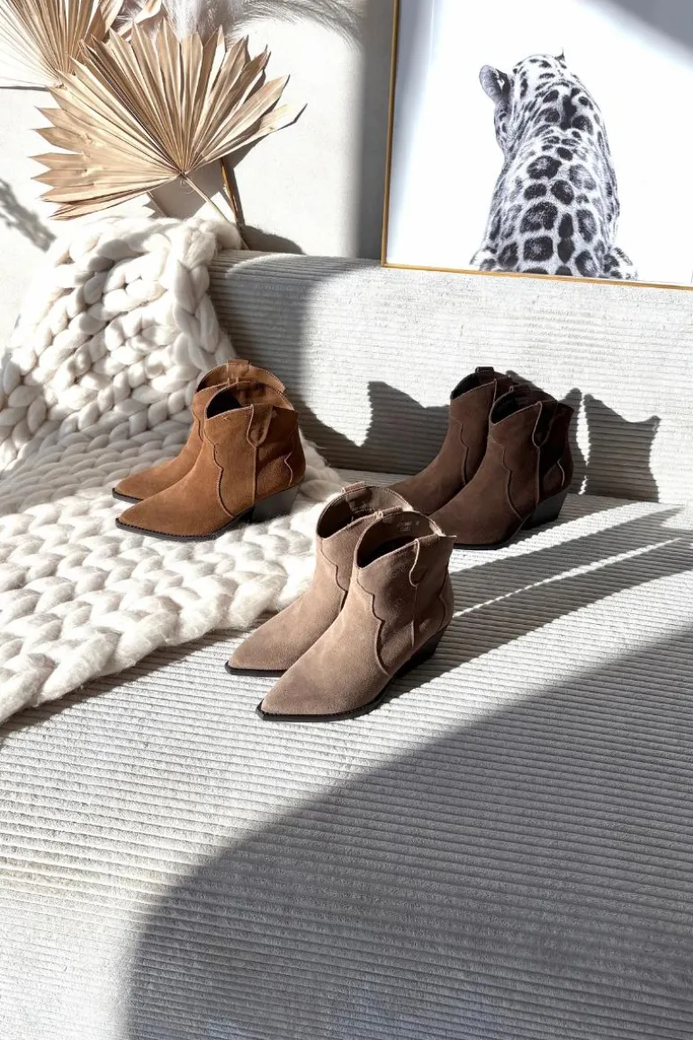 Wsuwane Botki Kowbojki Damskie Z Naturalnego Zamszu Camel Beretta