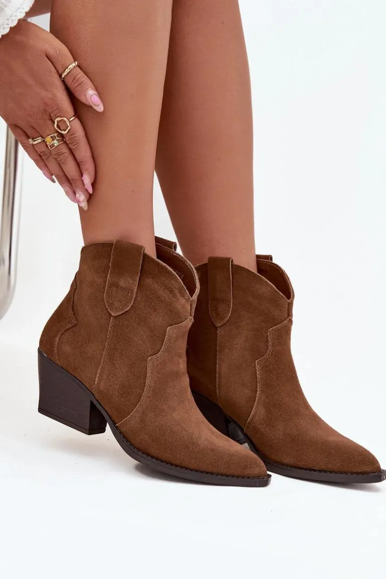 Wsuwane Botki Kowbojki Damskie Z Naturalnego Zamszu Camel Beretta