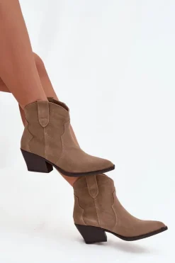 Wsuwane Botki Kowbojki Damskie Z Naturalnego Zamszu Beżowe Beretta