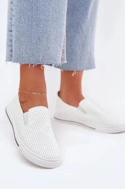 Wsuwane Eko Skórzane Damskie Tenisówki Trampki Z Napisem Białe Zalinne