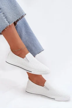 Wsuwane Eko Skórzane Damskie Tenisówki Trampki Z Napisem Białe Zalinne