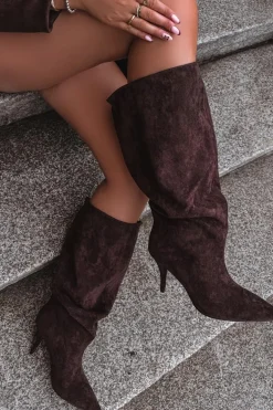 Wsuwane Kozaki Damskie Na Szpilce Z Eko Zamszu Czekoladowe Noretta