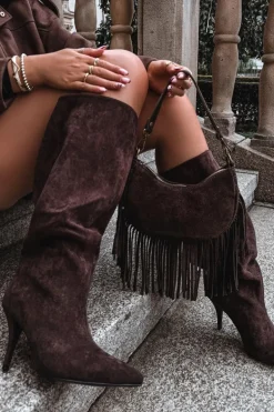 Wsuwane Kozaki Damskie Na Szpilce Z Eko Zamszu Czekoladowe Noretta