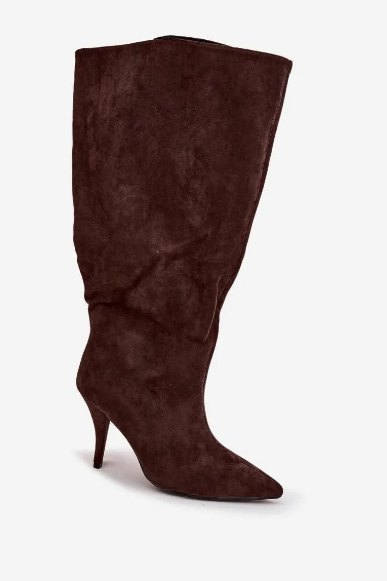 Wsuwane Kozaki Damskie Na Szpilce Z Eko Zamszu Czekoladowe Noretta