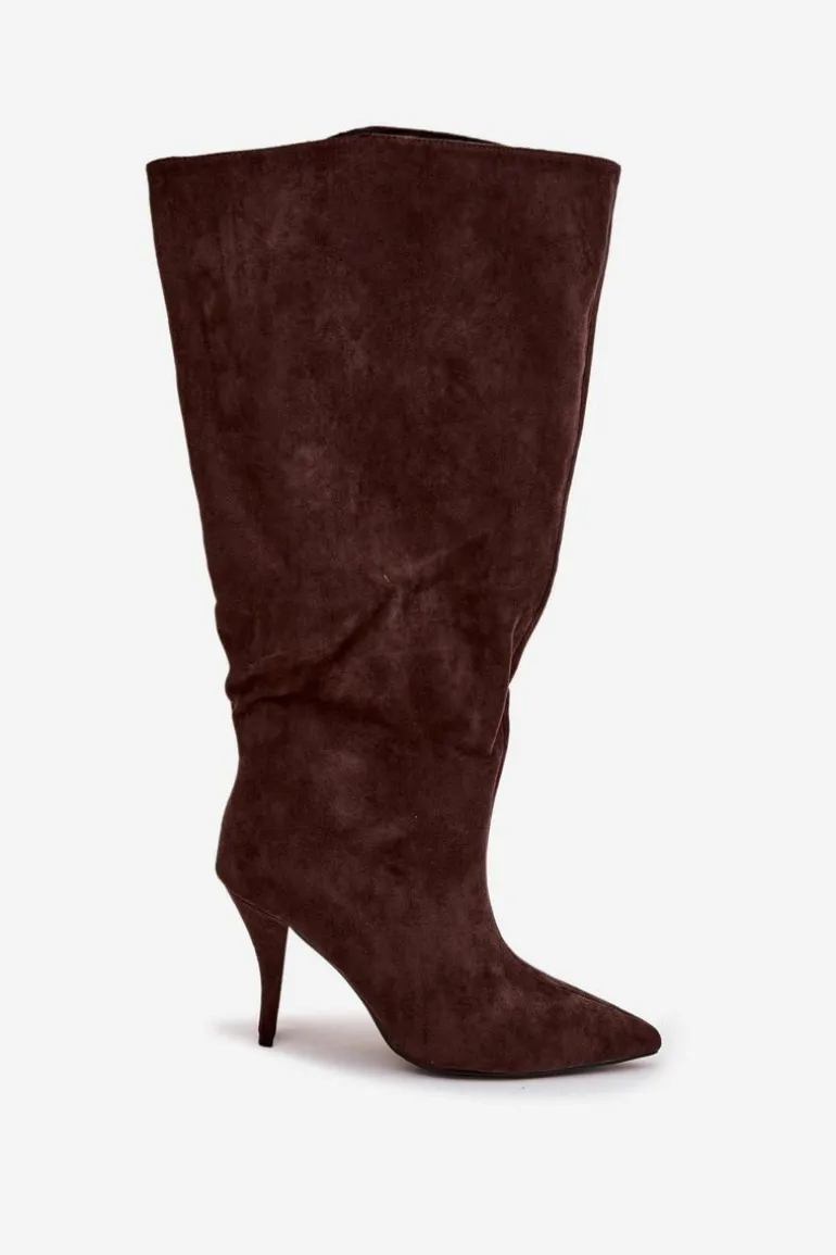 Wsuwane Kozaki Damskie Na Szpilce Z Eko Zamszu Czekoladowe Noretta