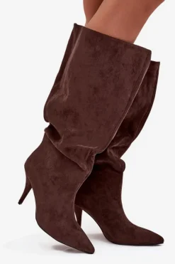 Wsuwane Kozaki Damskie Na Szpilce Z Eko Zamszu Czekoladowe Noretta