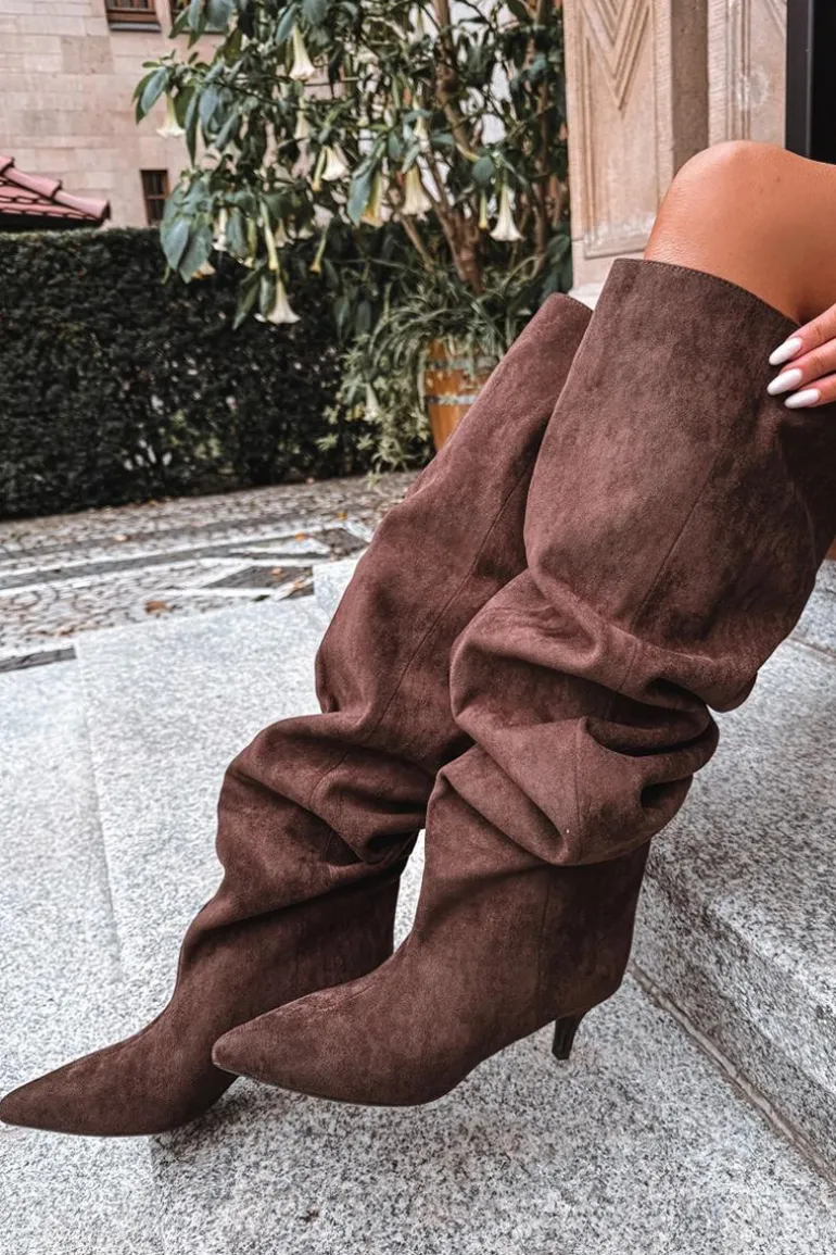 Wsuwane Kozaki Damskie Na Szpilce Czekoladowe Ysolienne