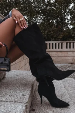 Wsuwane Kozaki Damskie Na Szpilce Z Eko Zamszu Czarne Noretta