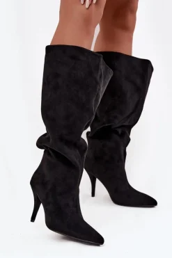 Wsuwane Kozaki Damskie Na Szpilce Z Eko Zamszu Czarne Noretta