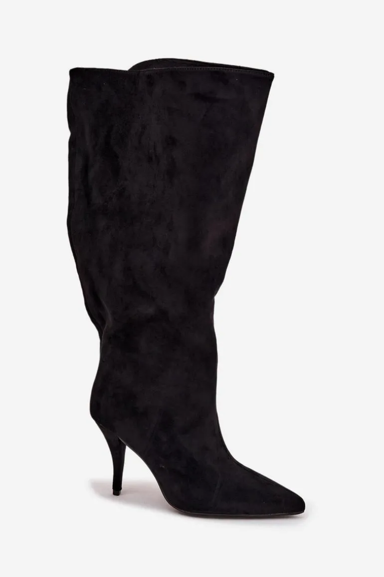 Wsuwane Kozaki Damskie Na Szpilce Z Eko Zamszu Czarne Noretta