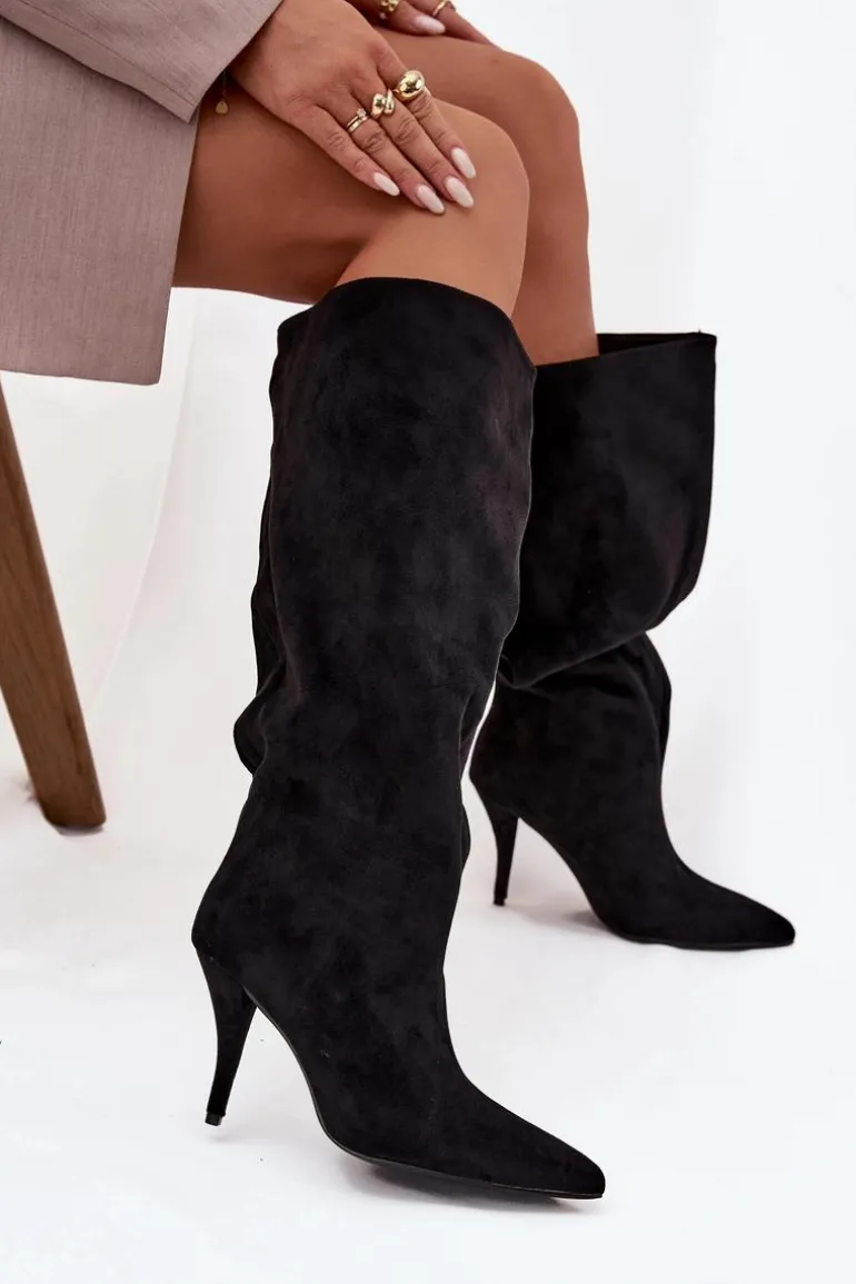 Wsuwane Kozaki Damskie Na Szpilce Z Eko Zamszu Czarne Noretta