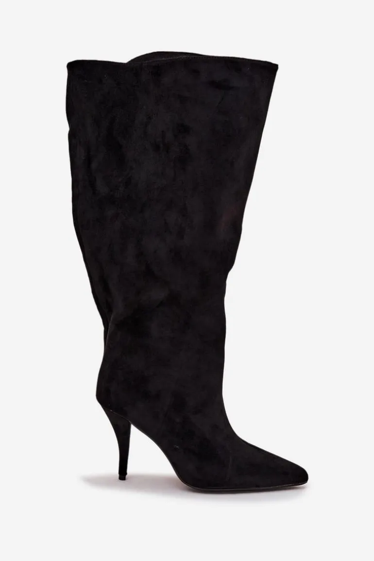 Wsuwane Kozaki Damskie Na Szpilce Z Eko Zamszu Czarne Noretta