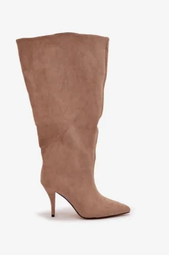 Wsuwane Kozaki Damskie Na Szpilce Z Eko Zamszu Beżowe Noretta