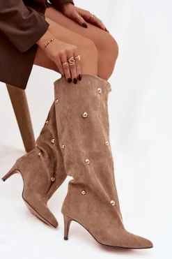 Wsuwane Kozaki Damskie Na Szpilce Ze Złotymi Ozdobami Beżowe Thaliane