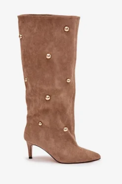 Wsuwane Kozaki Damskie Na Szpilce Ze Złotymi Ozdobami Beżowe Thaliane