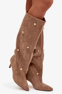 Wsuwane Kozaki Damskie Na Szpilce Ze Złotymi Ozdobami Beżowe Thaliane