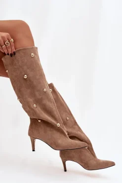 Wsuwane Kozaki Damskie Na Szpilce Ze Złotymi Ozdobami Beżowe Thaliane