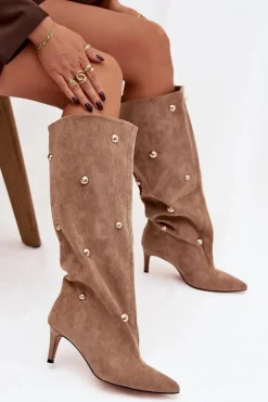 Wsuwane Kozaki Damskie Na Szpilce Ze Złotymi Ozdobami Beżowe Thaliane