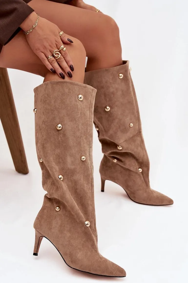 Wsuwane Kozaki Damskie Na Szpilce Ze Złotymi Ozdobami Beżowe Thaliane