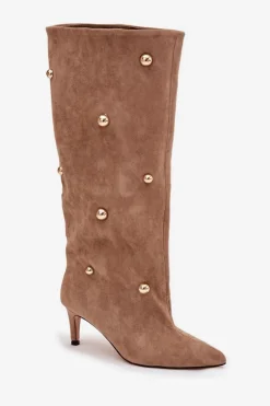 Wsuwane Kozaki Damskie Na Szpilce Ze Złotymi Ozdobami Beżowe Thaliane