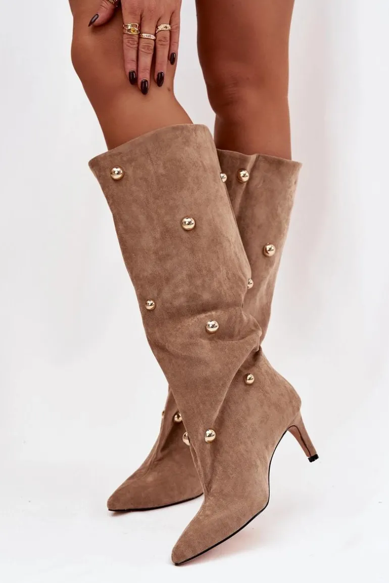 Wsuwane Kozaki Damskie Na Szpilce Ze Złotymi Ozdobami Beżowe Thaliane