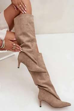 Wsuwane Kozaki Damskie Na Szpilce Beżowe Taffine